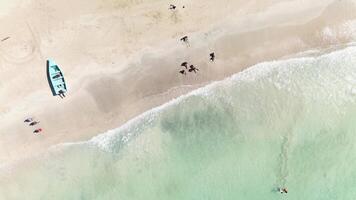 Aerial top view of fishing boat rests along tropical shore, contrasted by vibrant activity of tourists delighting in clear turquoise waters. Space for text. Abstraction and tranquility. Minimalism video