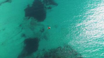 aérien vue de pédalo, peint dans doux Jaune teinte, flotteurs gracieusement sur surface de vaste, turquoise mer, entouré par vibrant corail récif dessous. video