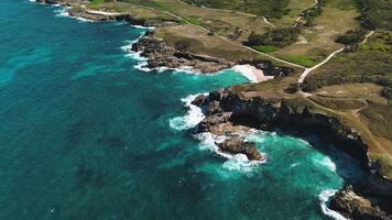 zona ver de rocoso y escénico línea costera es rodeado por vistoso aguas de océano, con mar olas rotura terminado rocas en arremolinándose movimiento. zumbido es Moviente a lo largo un circular trayectoria video