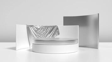 Silver round cylinder product stage podium animation. Empty silver podium animation. Podium for promotion product display video