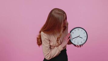 Confused woman with anxiety checking time on clock, running late to work, being in delay, deadline video