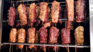 clasificado carnes curación en un ahumador, diverso cortes de carne siendo curado, atado arriba con instrumentos de cuerda en un de fumar cámara. video