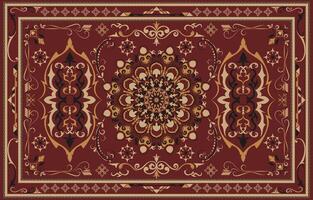 Red and gold carpet with abstract geometric and floral patterns. vector