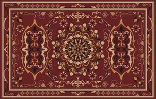 Red and gold carpet with abstract geometric and floral patterns. vector