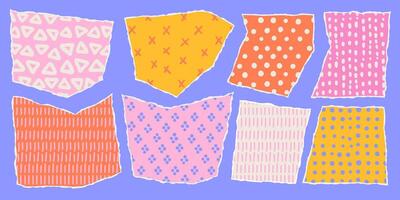 Set of jagged paper shapes with funny childish patterns. Torn sheets items for collage, design templates, banner, and sticker. hand draw illustration. vector