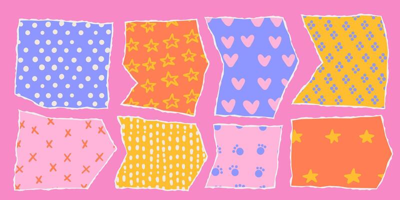 Torn paper frames with jagged edges set. Imitation of colored paper, torn ornate sheets with colorful kids simple patterns. Templates for collage, design. Vintage collage illustration.