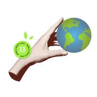 World Earth day banner. Modern collage with halftone hand holding planet Earth. 22 April holiday. Trendy illustration. vector