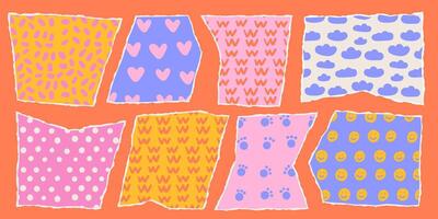 Set of torn papers with funny childish patterns . Bright color palette collage shapes of ripped paper silhouettes. Old vintage paper backgrounds. Abstract pastel scratched design. illustration vector