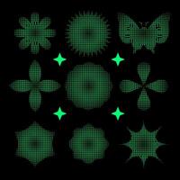 Brutalism shapes with halftone effect made of small four pointed stars, minimalist geometric elements set, abstract bauhaus forms. Simple flower shape, basic form, trendy modern graphic vector