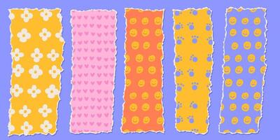 Vecrtical Strip of paper shapes set in groovy childish style with vintage bright colors and simple patterns. Trendy abstract composition, design template for social media. Trendy illustration vector