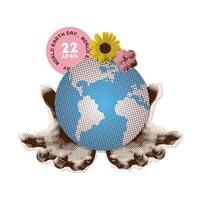 22 April - World Earth day banner concept. Two hands holding small planet with flowers in halftone collage style. Torn out paper stickers. nostalgic illustration. vector