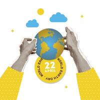 World Earth day poster. Hands holding planet. Piece of paper torn from a notepad. Person holding a globe, showcasing Earths diverse ecosystems and organisms. illustration. vector