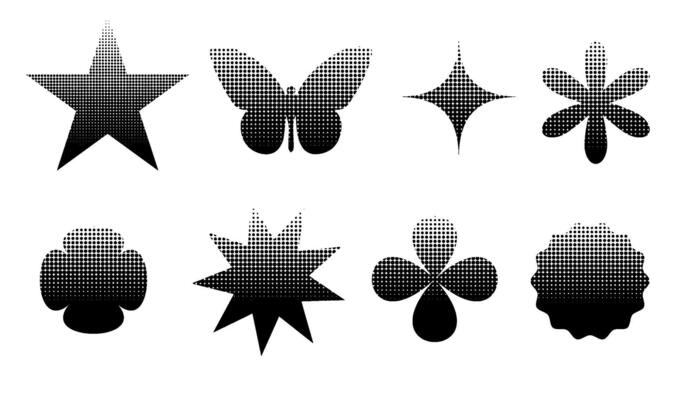 Circle halftone textured elements set. Abstract dotted brutalism shapes, round halftones geometric dots gradient and pop art texture. Dot spray gradation collection. illustration gradient
