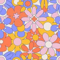 Seamless pattern with colorful groovy hippy flowers . 70s, 80s, 90s vibes polka dot texture. Abstract daisy and camomile Vintage nostalgia elements. Geometric illustration. vector
