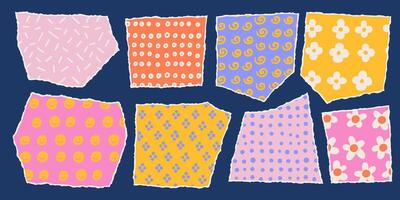 Collage torn out Paper Shape Set in Contemporary Style with cute hand drawn patterns. Abstract Colourful sheets isolated on a dark background. vector