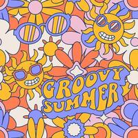 Funky Seamless pattern with retro 70s groovy elements, simple hippy symbols - Colored daisy flowers, sun, sunglasses lettering text Groovy summer. Contour illustration. vector