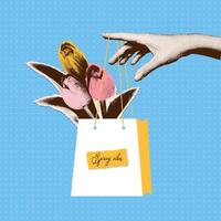 Halftone hand holding paper bag with tulip flowers. Spring vibes card Modern illustration can used t-shirt print, web emblem. Retro dotted texture art. vector