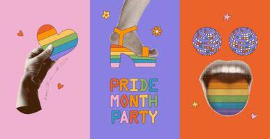 Pride Month posters set in groovy vintage collage set . Dotted halftone hand holding rainbow heart, foot in sandals, mouth with striped tongue. Collage with cut out paper LGBT disco elements. vector