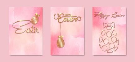 conjunto tarjeta contento Pascua de Resurrección oro textura, lujo rosado acuarela antecedentes. Pascua de Resurrección fiesta invitaciones plantillas colección con mano dibujado letras y oro Pascua de Resurrección huevos. Moda ilustración vector