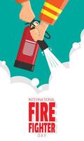 internacional bombero día póster con un bombero es pulverización con un fuego extintor vector