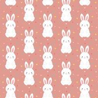 Cute pattern featuring white rabbits, with small colorful hearts interspersed throughout. Seamless pattern with bunny rabbit cartoons, cute colorful hearts, illustration vector