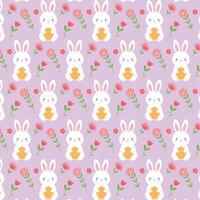 Easter pattern, white rabbit holding an orange egg with pink and red flowers on a light purple background. Easter seamless pattern with colorful flowers and bunnies vector