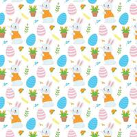 Easter-themed seamless pattern, adorable cartoon rabbits in orange shirts, stylized Easter eggs, and potted plants. Bright pattern on an Easter theme with a rabbit, eggs and plants vector