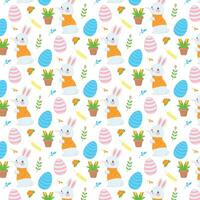 Easter-themed seamless pattern, adorable cartoon rabbits in orange shirts, stylized Easter eggs, and potted plants. Bright pattern on an Easter theme with a rabbit, eggs and plants vector