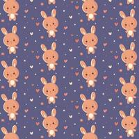 Flat design kawaii pattern featuring a cartoon hare surrounded by hearts and stars, perfect for printing on textiles. vector