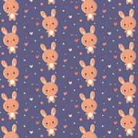 Flat design kawaii pattern featuring a cartoon hare surrounded by hearts and stars, perfect for printing on textiles. vector