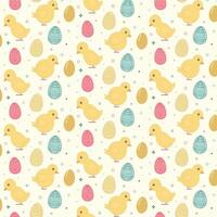 Colorful pattern featuring yellow chicks and an assortment of Easter eggs. The eggs are decorated with stripes, dots, and various patterns in hues of pink, blue, and yellow vector
