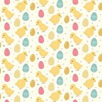 Colorful pattern featuring yellow chicks and an assortment of Easter eggs. The eggs are decorated with stripes, dots, and various patterns in hues of pink, blue, and yellow vector