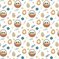 Hand drawn Easter pattern, Easter basket and eggs on a light background.Hand drawn pattern for Easter fabrics, wrapping paper, or seasonal decorations vector