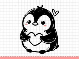 Doodle outline penguin holding heart. illustration. vector