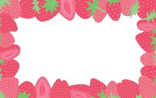 Bright strawberry frame with whole and halved berries, vibrant reds and greens, border illustration with space for text in the center. vector