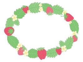 Delightful circular garland made of strawberries, vibrant green leaves, and dainty flowers, styled in a cheerful design, ideal for spring and summer decor, invitations, or thematic designs. vector