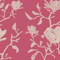 seamless pattern of beige silhouettes of blooming magnolia branch on dark red background. vector