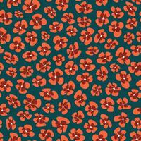 , seamless repeat, non directional pattern of small red poppies bloom on dark green blue background. vector