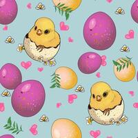 Rainbow eggs and chickens seamless illustration. Happy Easter design. Cute bright pattern. Print for wrapping paper. textiles, preparation for designers vector