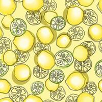 seamless doodle hand drawn pattern of lemon and lemon slices on light yellow background. vector