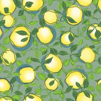 seamless doodle hand drawn pattern of lemon and lemon leaves on fark green background. vector