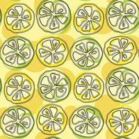 Hand drawn geometric pattern of lemon, lime slices on light yellow background. seamless doodle. vector