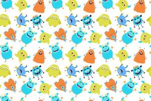 Seamless pattern with cute colorful monsters. Funny cool cartoon fluffy monster for childish cards and books. endless pattern on white background. vector