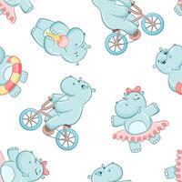 Seamless simple pattern with cute hippo with swimming circle, ice cream. Cartoon hippopotamus isolated on white background. Cute baby character vector