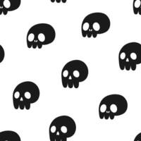 Hand drawn cute monochrome seamless pattern with little skulls. Flat Halloween print in doodle style. Evil dead head character. Repeated scary skeleton mascot background, wrapping or wallpaper. vector