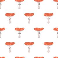 Hand drawn cute cartoon floral seamless pattern with amanita mushroom. Flat fly-agaric concept in colored doodle style. Repeated background forest, nature, autumn wrapping, wallpaper or print design. vector