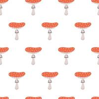 Hand drawn cute cartoon floral seamless pattern with amanita mushroom. Flat fly-agaric concept in colored doodle style. Repeated background forest, nature, autumn wrapping, wallpaper or print design. vector