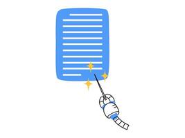 Hand drawn cute cartoon illustration of robot hand with magic wand and speech bubble. Flat artificial intelligence generates text in doodle style. Ai chatbot answers questions. Isolated. vector