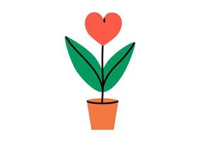 Hand drawn cute illustration flower in heart shape in pot with leaves. Love feeling plant symbol in doodle style. Valentine's Day tree sticker, icon or print. Holiday romantic gift. Isolated on white. vector