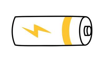 Hand drawn cute line illustration battery with lightning sign. Flat charged accumulator symbol in outline doodle style. Source of power, electricity sticker, icon. Isolated on white background. vector